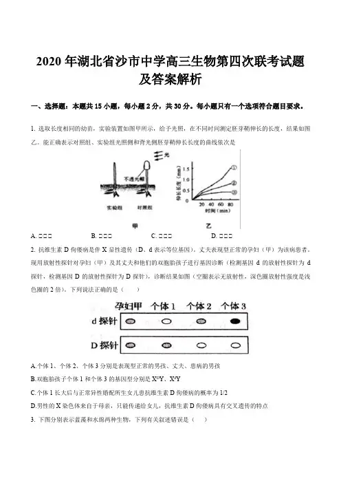 2020年湖北省沙市中学高三生物第四次联考试题及答案解析