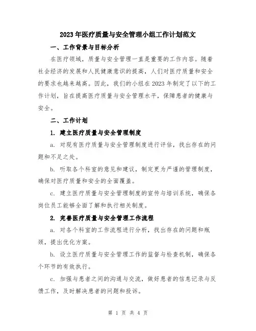 2023年医疗质量与安全管理小组工作计划范文