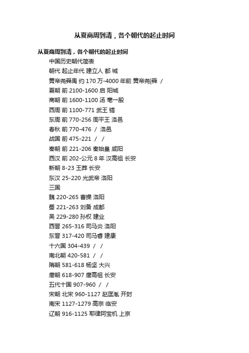 从夏商周到清，各个朝代的起止时间