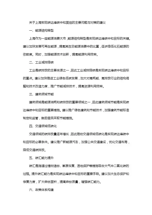 关于上海实现碳达峰碳中和面临的主要问题与对策的建议