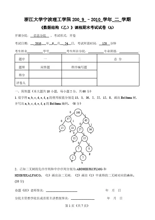 2010数据结构期末试卷A-推荐下载