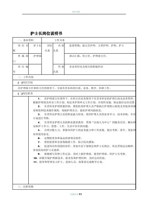 护士长岗位说明书