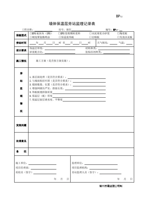 外墙、屋面节能保温旁站监理记录表