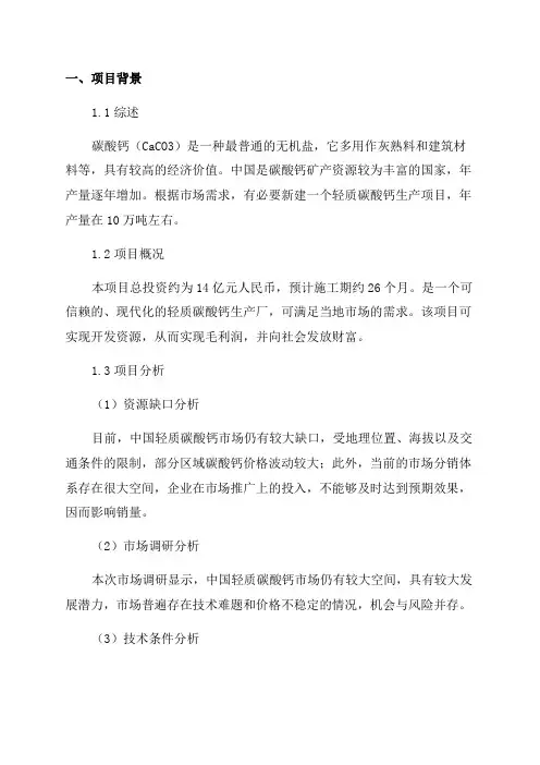 年产10万吨轻质碳酸钙项目可行性研究报告