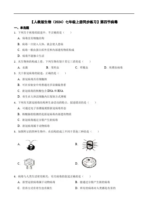 【人教版生物(2024)七年级上册测试卷】第四节病毒(含答案)