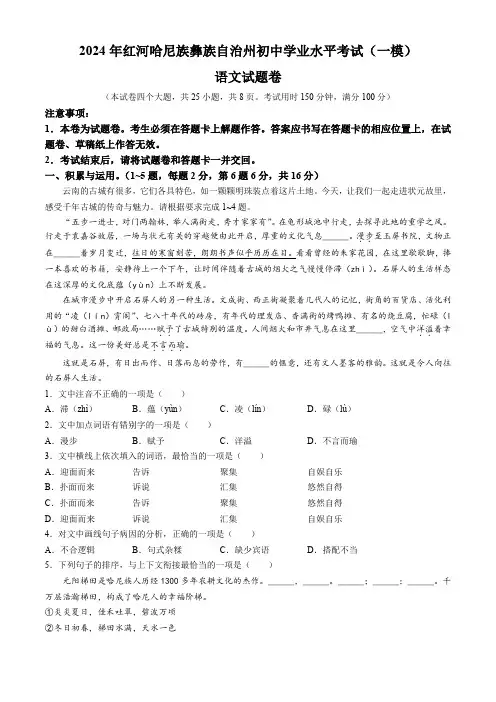 2024年云南省红河哈尼族彝族自治州中考一模语文试题 