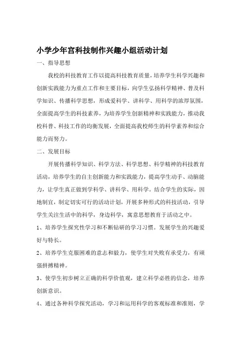 小学少年宫科技制作小组活动计划