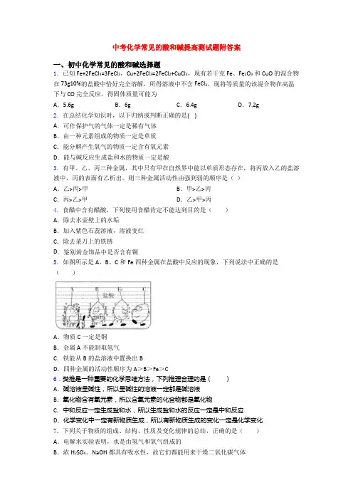 中考化学常见的酸和碱提高测试题附答案