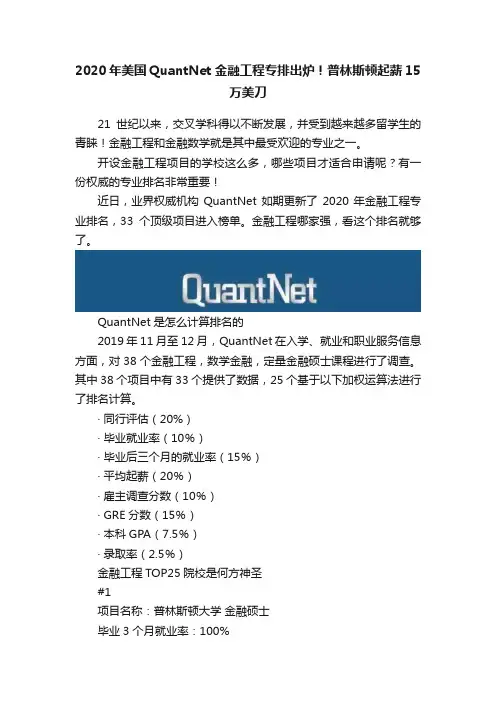 2020年美国QuantNet金融工程专排出炉！普林斯顿起薪15万美刀