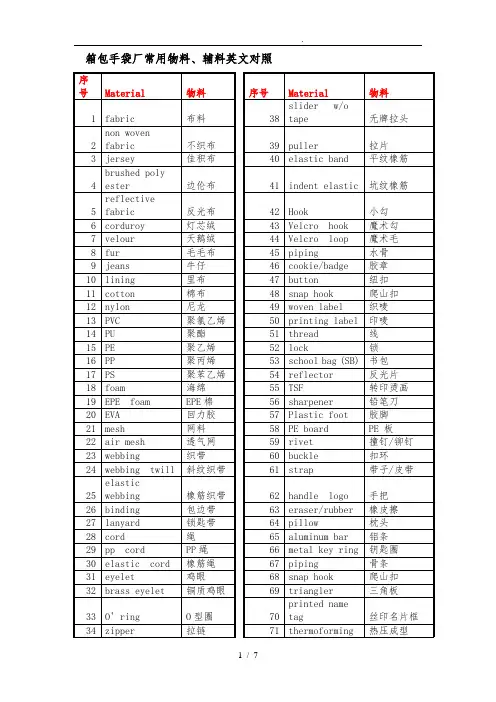 手袋箱包专业英语中英对照