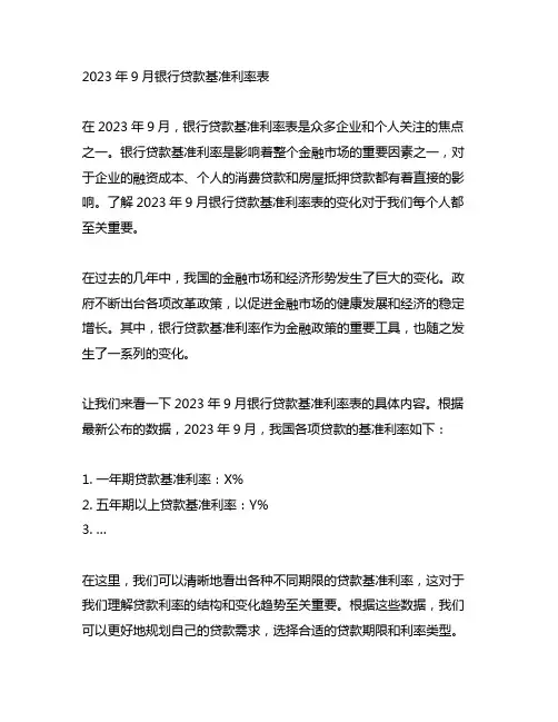 2023年9月银行贷款基准利率表
