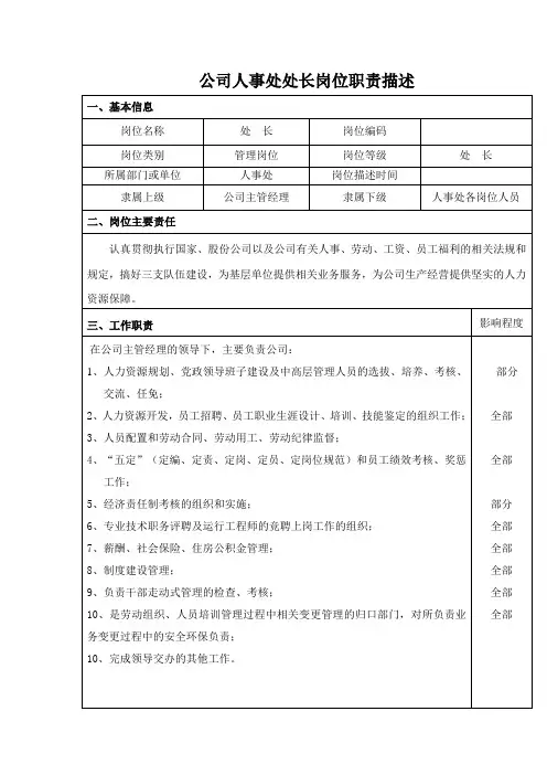 公司人事处处长岗位职责描述