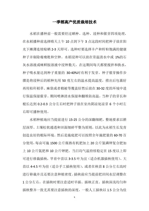 一季稻高产优质栽培技术
