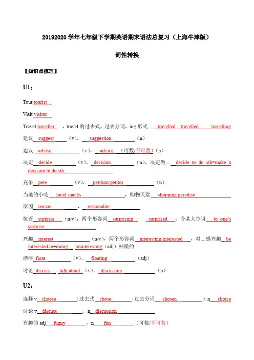 022019-2020学年七年级下学期英语期末词性转换默写及讲解(上海牛津版)
