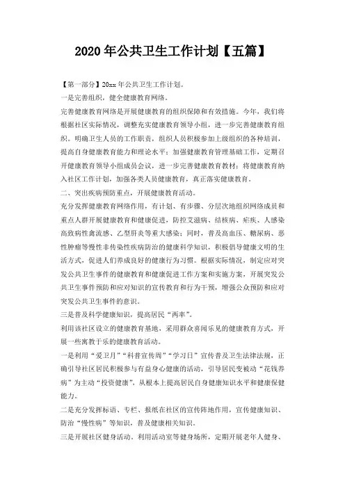 2020年公共卫生工作计划【五篇】
