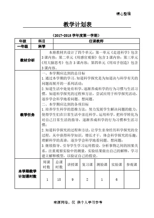 2017年 一年级科学 上册教学计划进度表