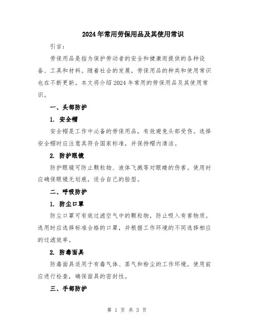 2024年常用劳保用品及其使用常识