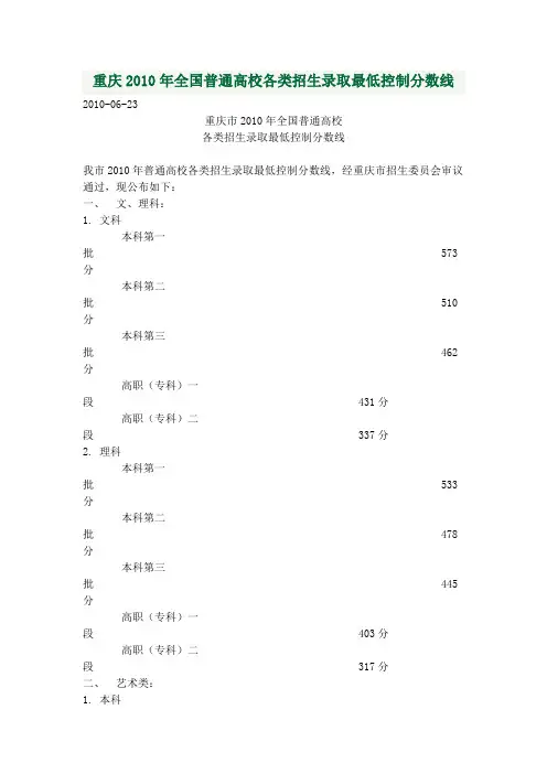 重庆2010年全国普通高校各类招生录取最低控制分数线