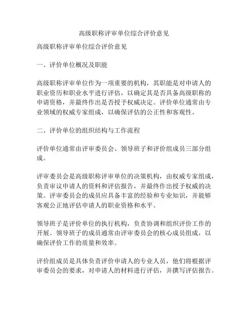 高级职称评审单位综合评价意见