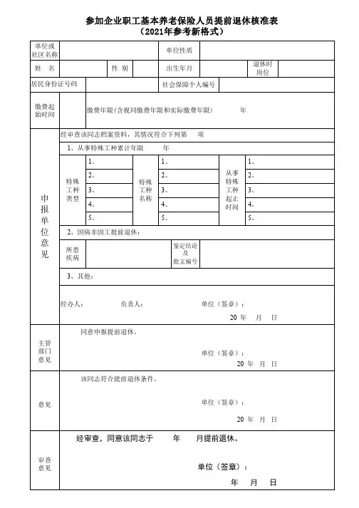 参加企业职工基本养老保险人员提前退休核准表(2021年参考新格式)