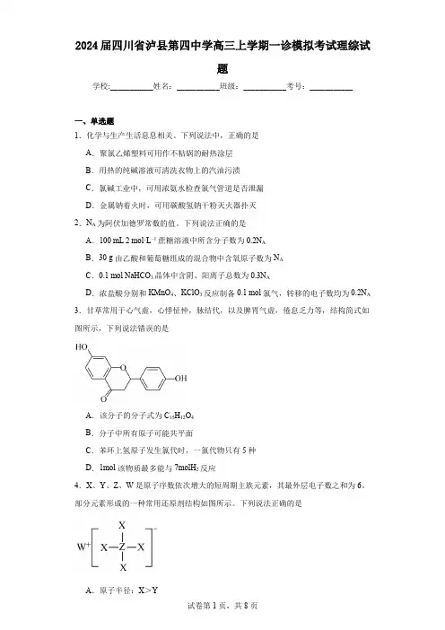 2024届四川省泸县第四中学高三上学期一诊模拟考试理综试题