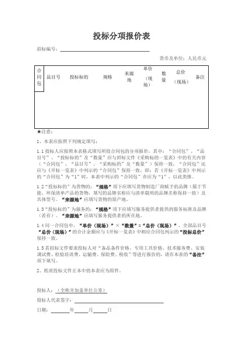 投标分项报价表