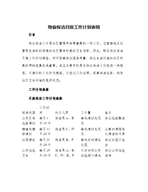 物业保洁月度工作计划表格