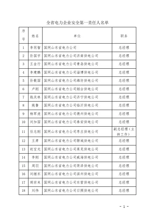 关于公布全省电的力企业安全第一责任人
