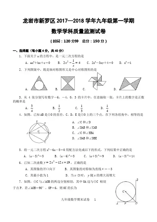 龙岩市新罗区2017—2018学年九年级第一学期数学学科质量监测试卷(含答案)