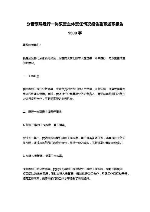 分管领导履行一岗双责主体责任情况报告副职述职报告