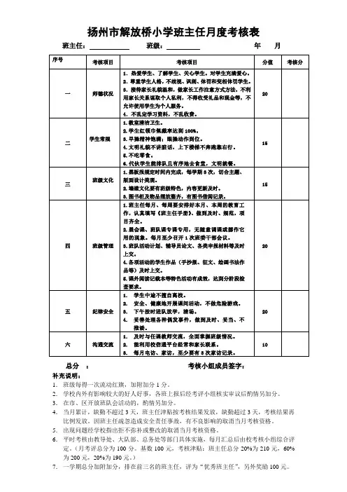班主任工作考核细则