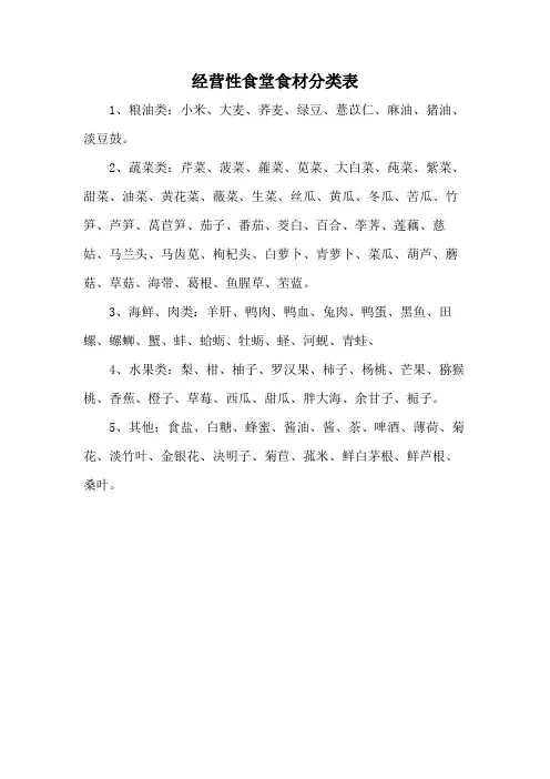 经营性食堂食材分类表