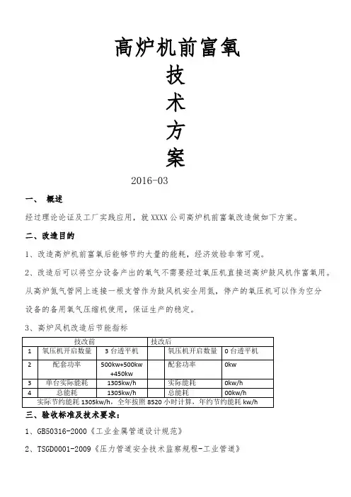 高炉机前富氧项目基本要求