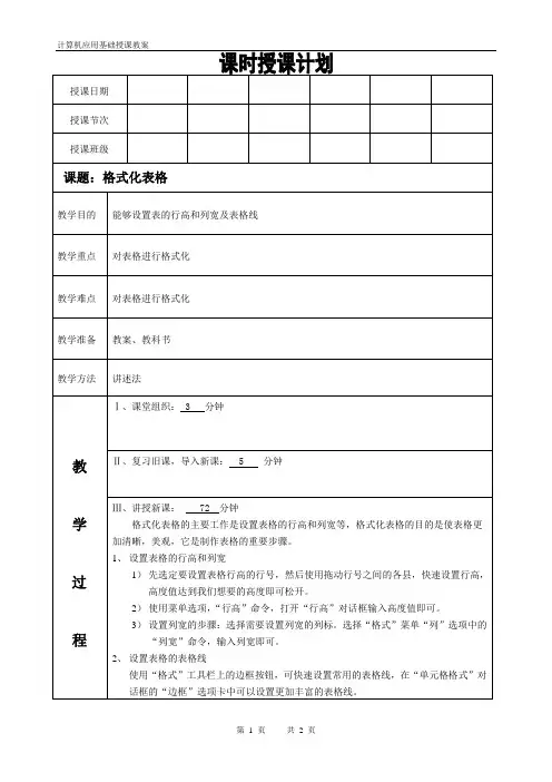 计算机基础课程第四章 EXCEL第四讲格式化表格