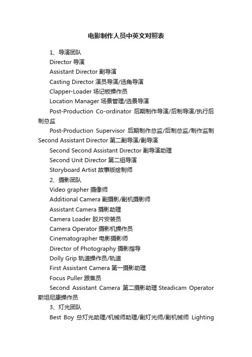 电影制作人员中英文对照表