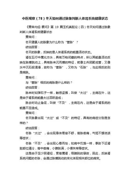 中医观察（78）冬天如何通过脉象判断人体肾系统健康状态