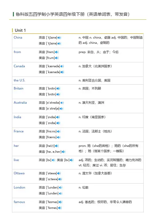 鲁科版五四学制小学英语四年级下册(英语单词表)