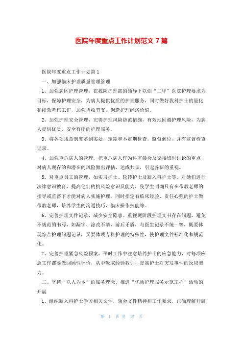 医院年度重点工作计划范文7篇