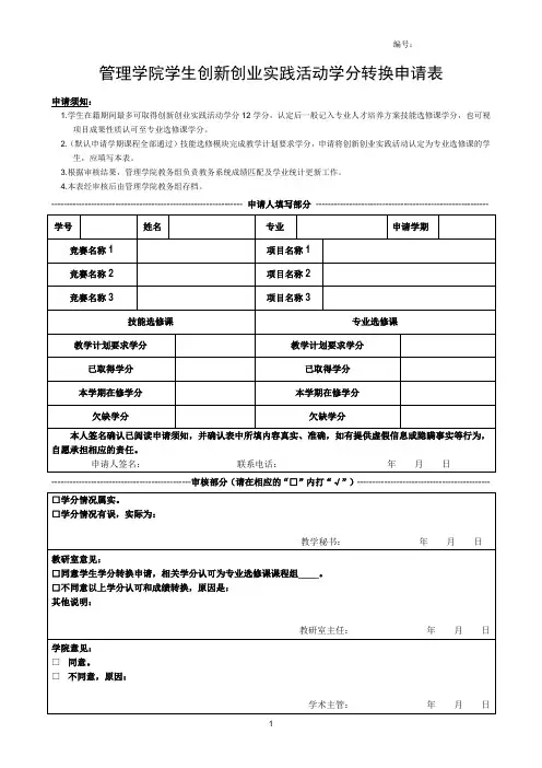 管理学院学生创新创业实践活动学分转换申请表