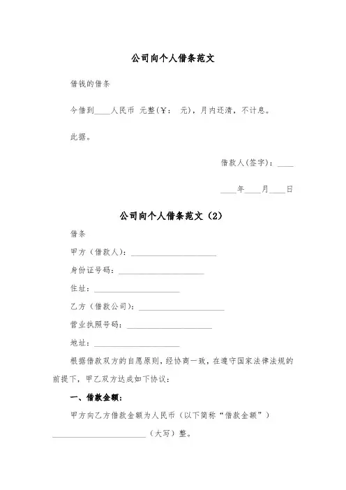 公司向个人借条范文（2篇）