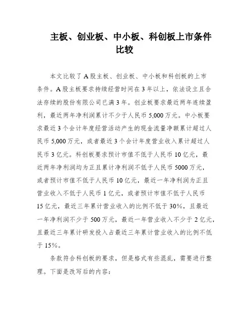 主板、创业板、中小板、科创板上市条件比较