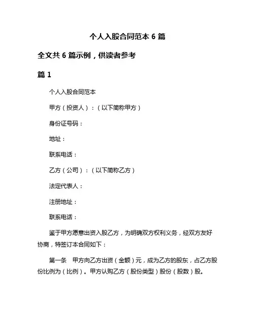 个人入股合同范本6篇