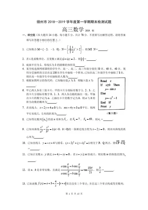 江苏省扬州市2018-2019学年度第一学期期末检测试题高三数学(WORD版含答案)