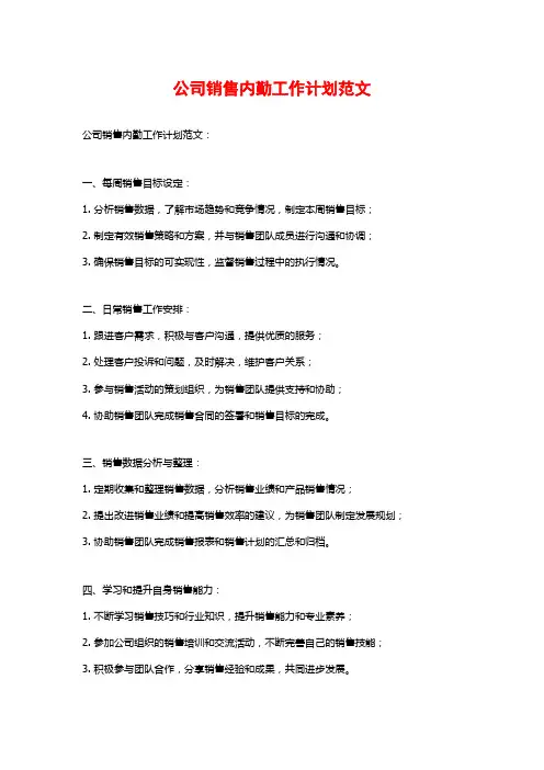 公司销售内勤工作计划范文