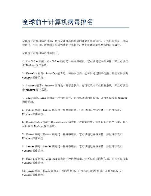 全球前十计算机病毒排名