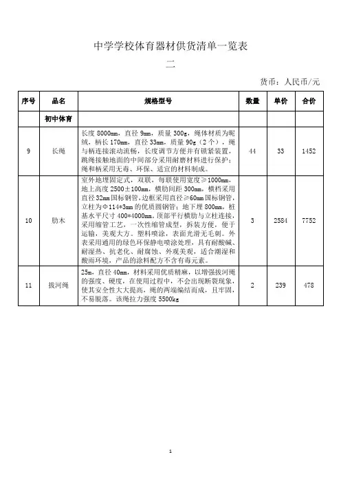 中学学校体育器材供货清单一览表二