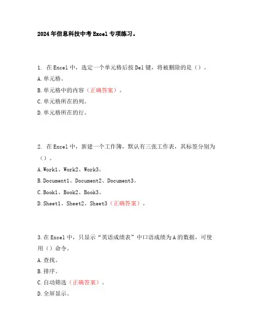 2024年信息科技中考Excel专项练习