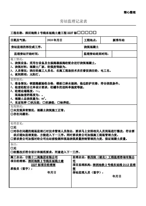 砼浇筑旁站监理记录表