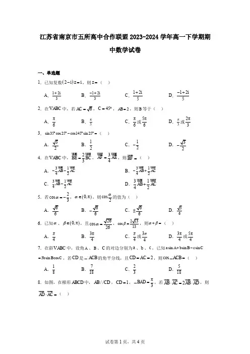 江苏省南京市五所高中合作联盟2023-2024学年高一下学期期中数学试卷