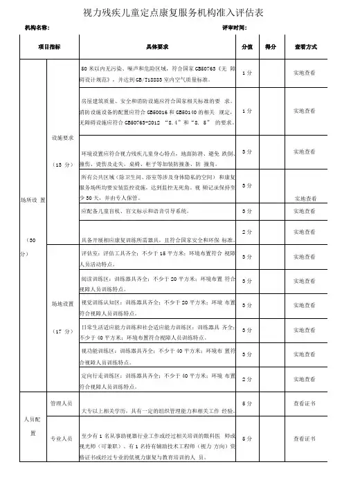 视力残疾儿童定点康复服务机构准入评估表